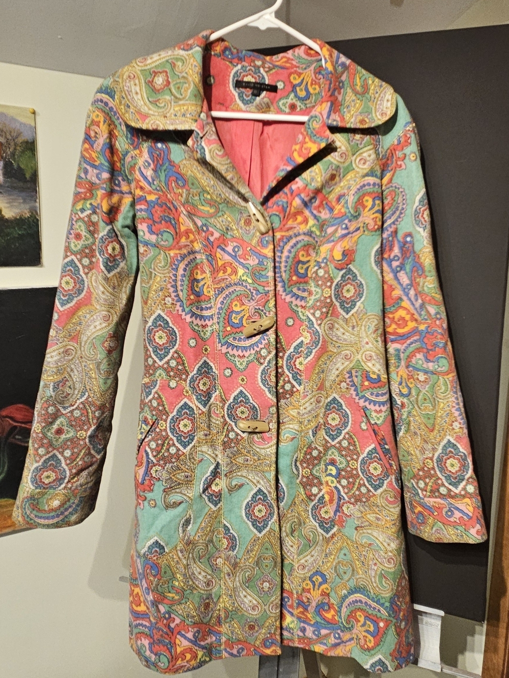 David Meister Multicolor Paisley Trench Coat - Pink & Teal